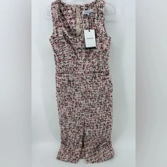 NWT En Saison Everleigh Midi Tweed Dress Beige Burgundy Size S - Picture 4 of 13